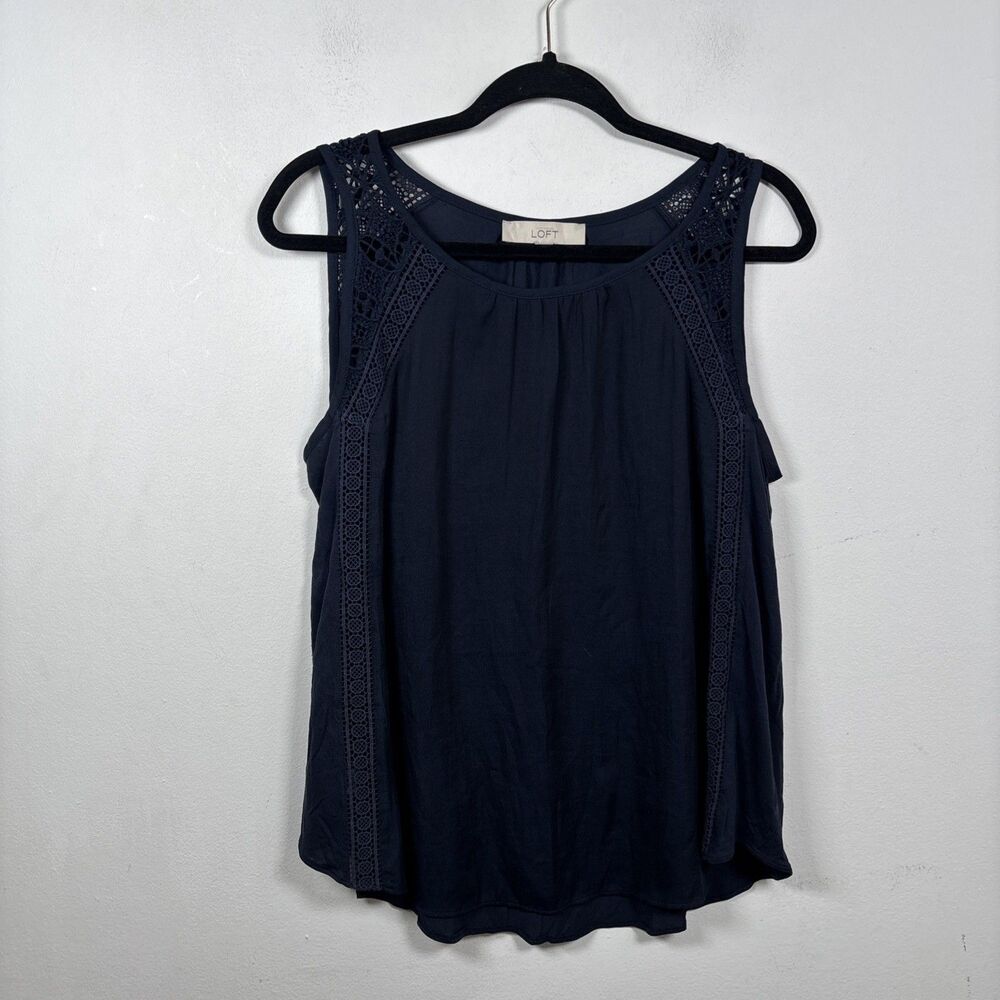 LOFT Navy Blue 100% Rayon Crochet Lace Trim Sleeveless Blouse Top Size S